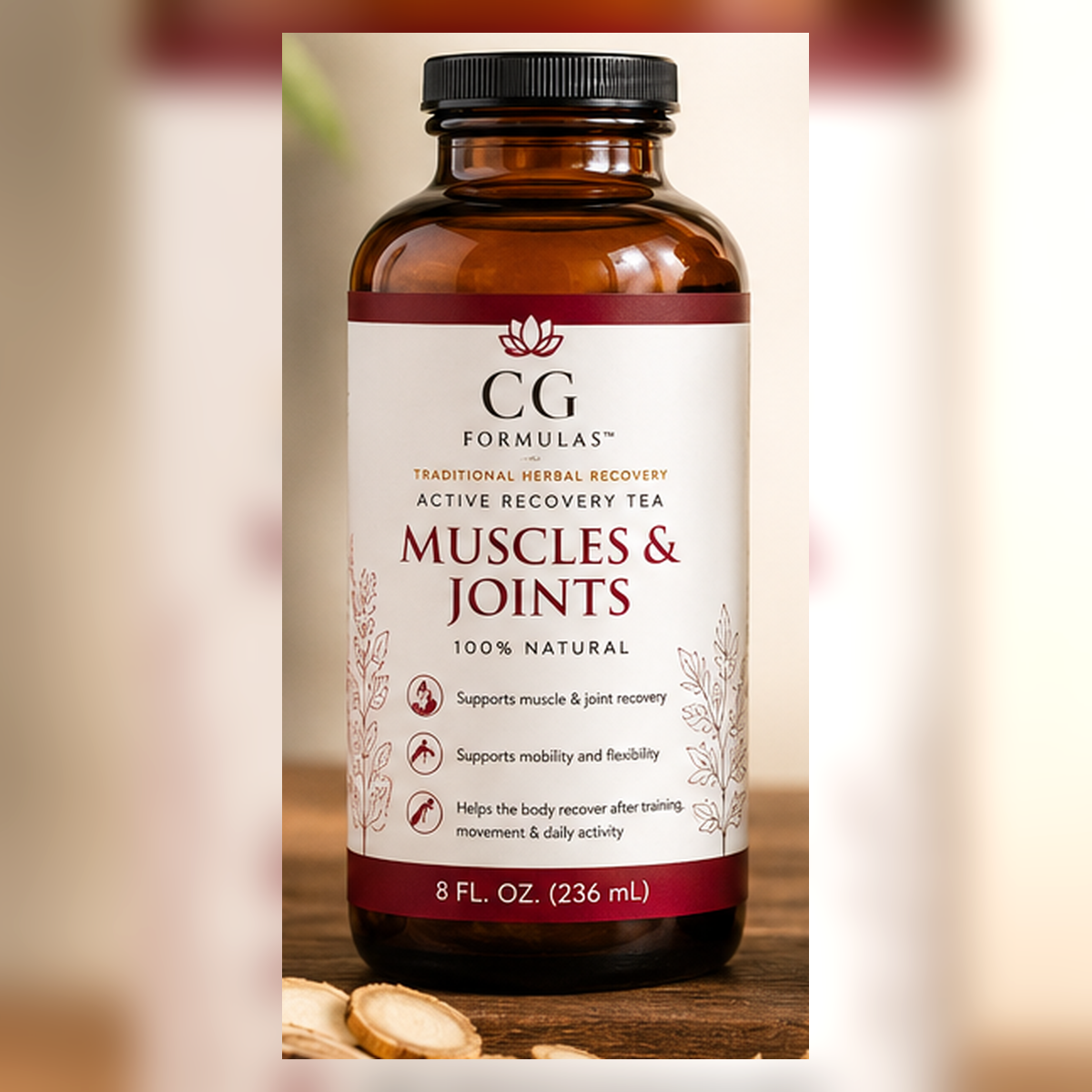 CG Formulas Muscles & Joints Active Recovery Tea in an 8 fl. oz.